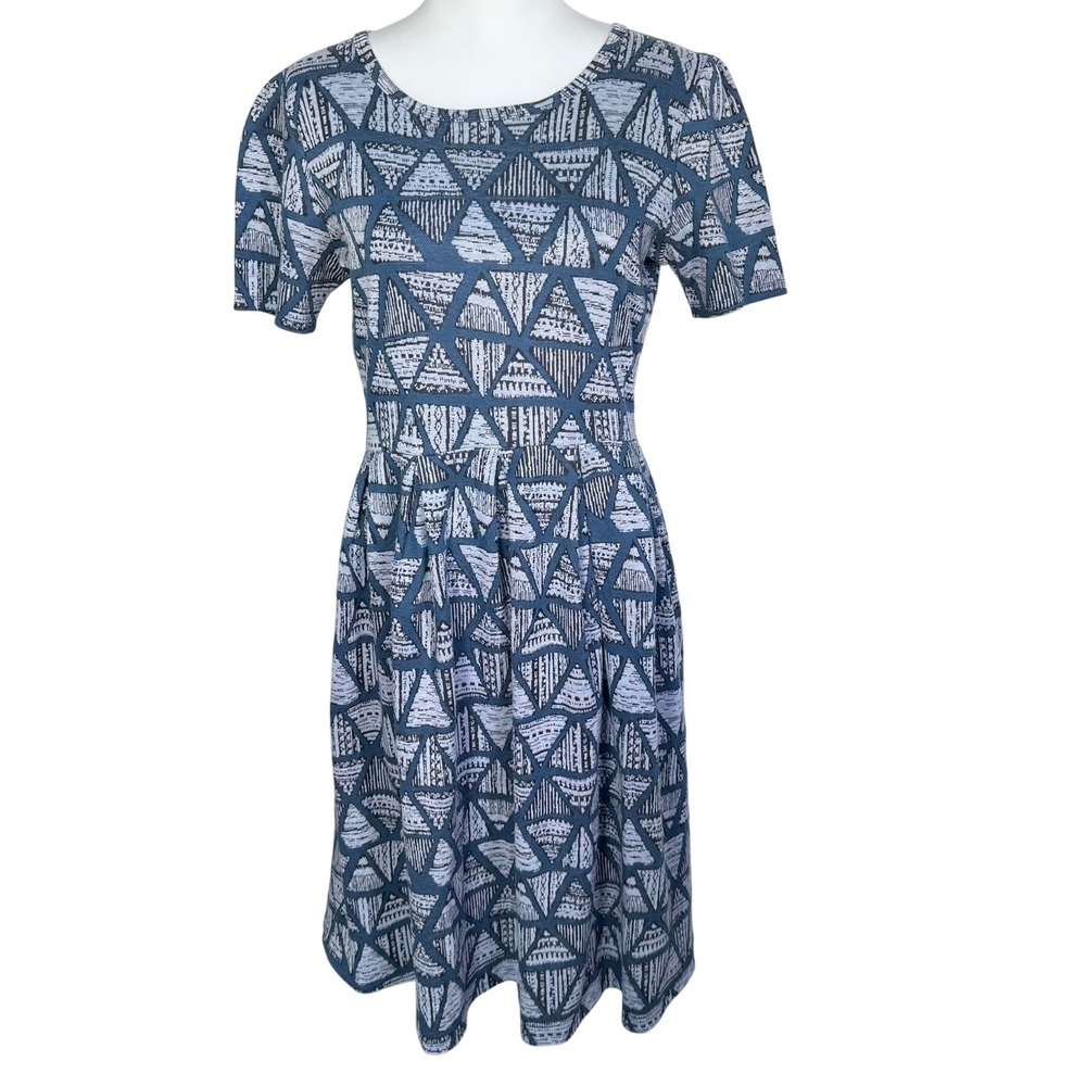 LULAROE Women's Large Blue Geometric Triangle‎ Short Sleeve Amelia Dress Pockets
